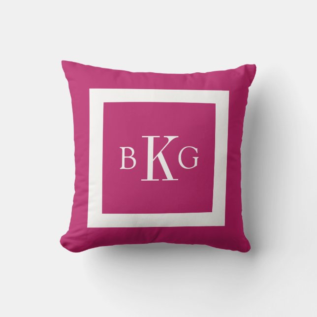 Berry Pink White Custom Monogram Throw Pillow (Front)