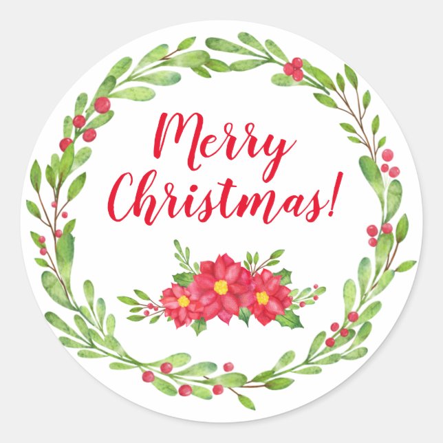 Berry & Poinsettia Christmas Round Stickers (Front)
