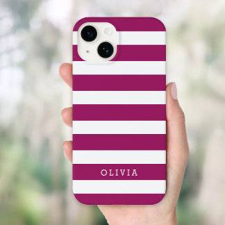 Berry Purple and White Classic Stripes Monogram iPhone 16 Case