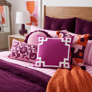 Berry Purple and White Greek Key Border Throw Pillow