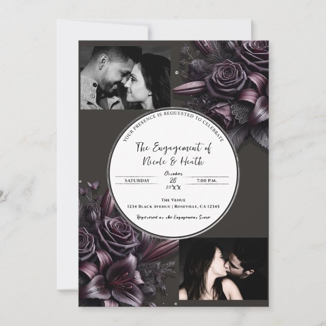 Berry Purple & Black Lily Rose Floral Engagement  Invitation (Front)