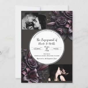 Berry Purple & Black Lily Rose Floral Engagement Invitation