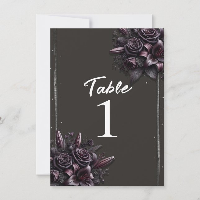 Berry Purple Black Lily Rose Floral Table Number (Front)