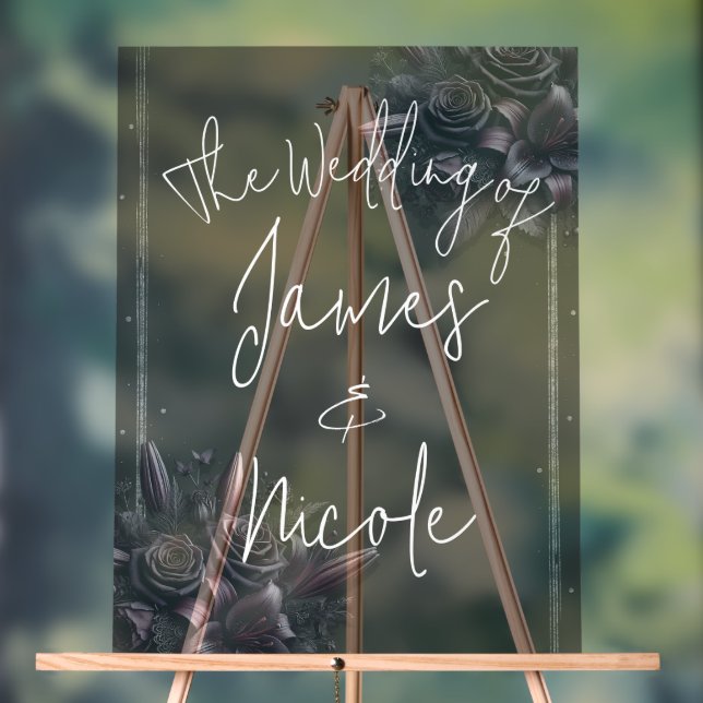 Berry Purple & Black Lily Rose Floral Wedding Acrylic Sign (Neutral)