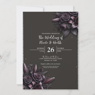 Berry Purple & Black Lily Rose Floral Wedding Invitation