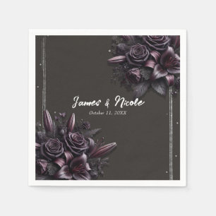 Berry Purple & Black Lily Rose Floral Wedding Napkins