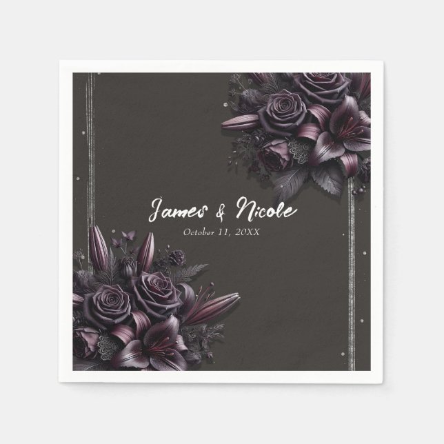 Berry Purple & Black Lily Rose Floral Wedding Napkins (Front)