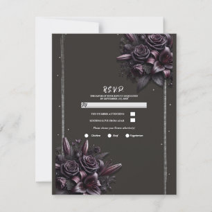 Berry Purple Black Lily Rose Floral Wedding RSVP Invitation