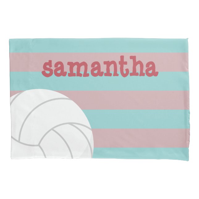 Berry Red and Aqua Giant Volleyball Striped Pillow Case (Front)
