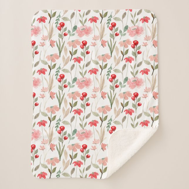 Berry Red Blush Pink Floral Pattern Sherpa Blanket (Front)