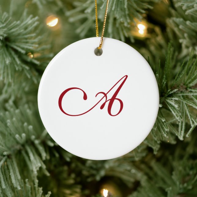 Berry Red Elegant Script Monogram Christmas  Ceramic Ornament (Tree)