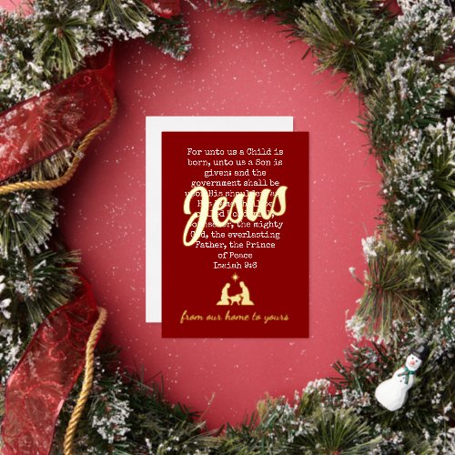 Berry Red FOR UNTO US JESUS Christian Christmas Foil Holiday Card