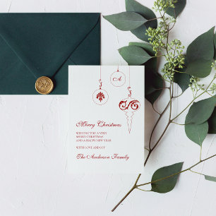  Berry Red Monogram Christmas Bauble Photo Holiday Card