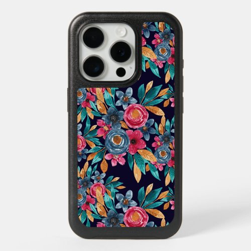 Berry Red Navy Mustard Watercolor Flowers Art iPhone 15 Pro Case