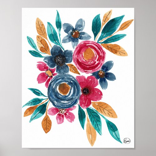 Berry Red Navy Mustard Watercolor Flowers Art Poster