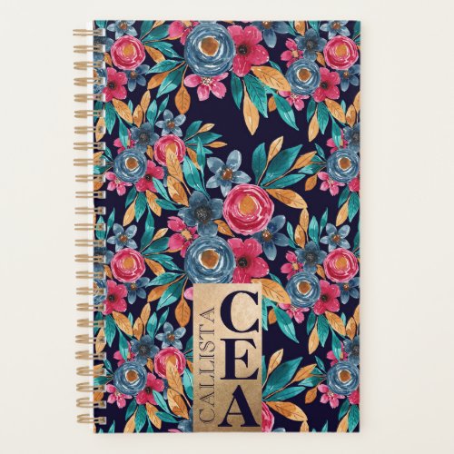 Berry Red Navy Mustard Watercolor Flowers Monogram Planner