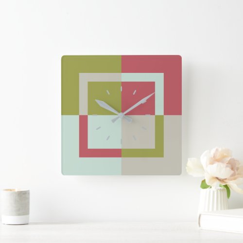 Berry Red Olive Green Lake Blue Pebble Grey Square Wall Clock