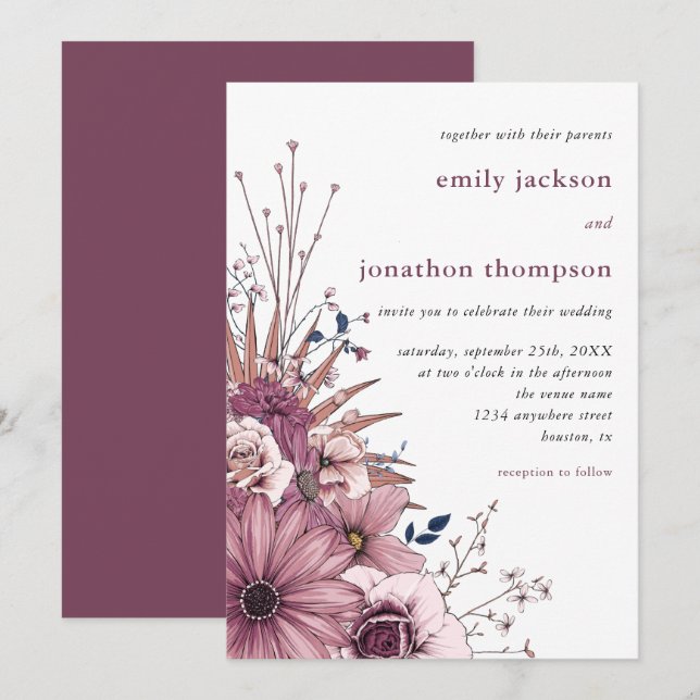 Berry Red Pink Watercolor Florals Foliage Wedding Invitation (Front/Back)