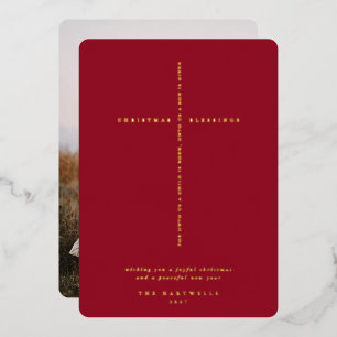 Berry Red Scripture Cross Photo Foil Holiday Card