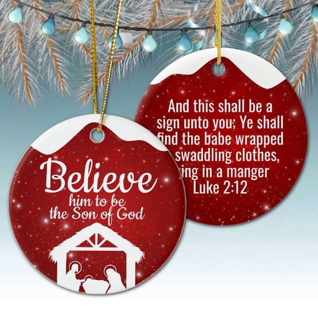 Berry Red Sparkle Winter Wonderland Worship ⛪️ 🎄 Ceramic Ornament (nativity scene bible verse design snowfall background
religious holiday decor
customizable luke 2 12)