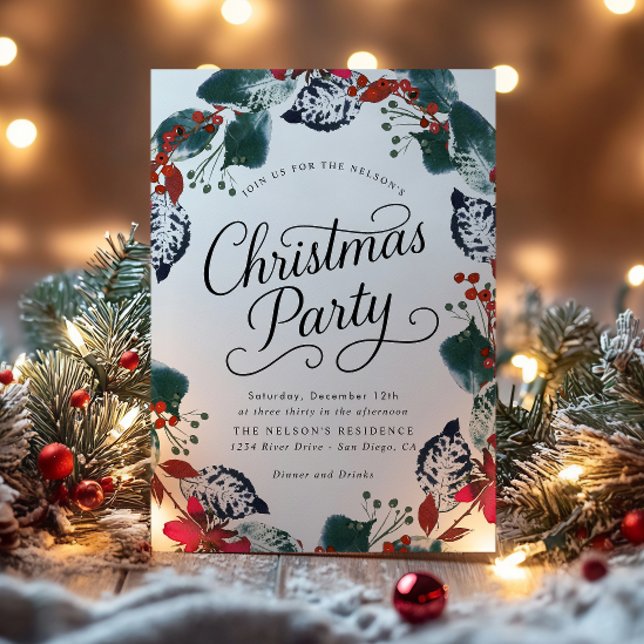 Berry Snow Leaf Christmas Wreath Script Invitation (Creator Uploaded)