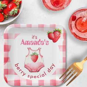 Berry Special Baby Shower Gingham Strawberry Party Paper Plates