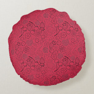 Berry Strawberry Cherry Black Hand drawn Modern. Round Pillow