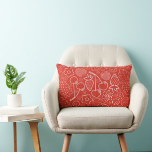 Berry Strawberry Cherry White Hand drawn Modern. Lumbar Pillow