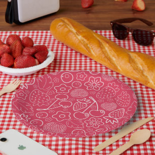Berry Strawberry Cherry White Hand drawn Modern. Paper Plates