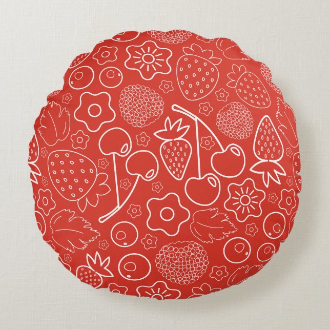 Berry Strawberry Cherry White Hand drawn Modern. Round Pillow (Front)