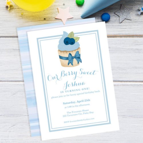 Berry Sweet 1st Birthday Boy Blueberry Cupcake Invitation