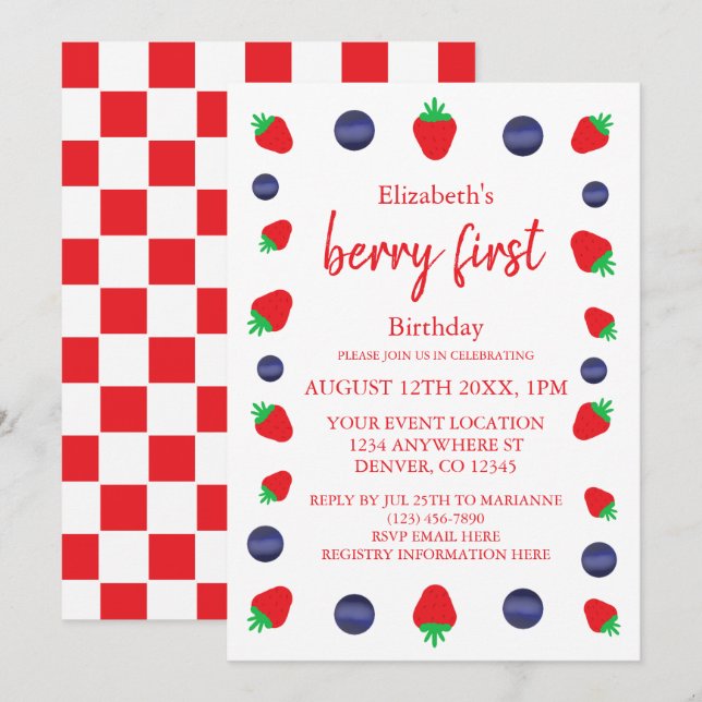 Berry Sweet 1st Birthday Invitation (Front/Back)