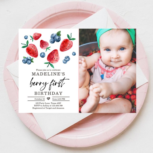 Berry Sweet 1st Birthday Strawberry Blueberry Invi Invitation (Creator Uploaded)