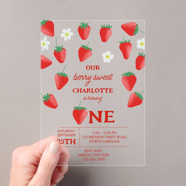 Berry Sweet 1st Birthday Strawberry Turning One Acrylic Invitations (Insitu (Handheld))