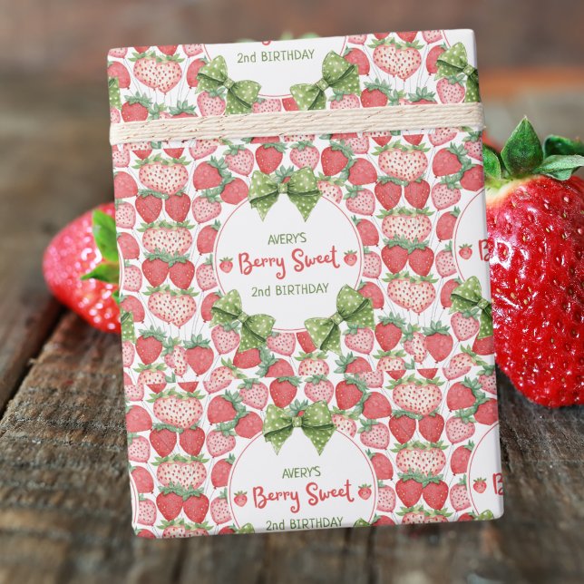 Berry Sweet 2nd Birthday Strawberry Party  Wrapping Paper (Creator Uploaded)