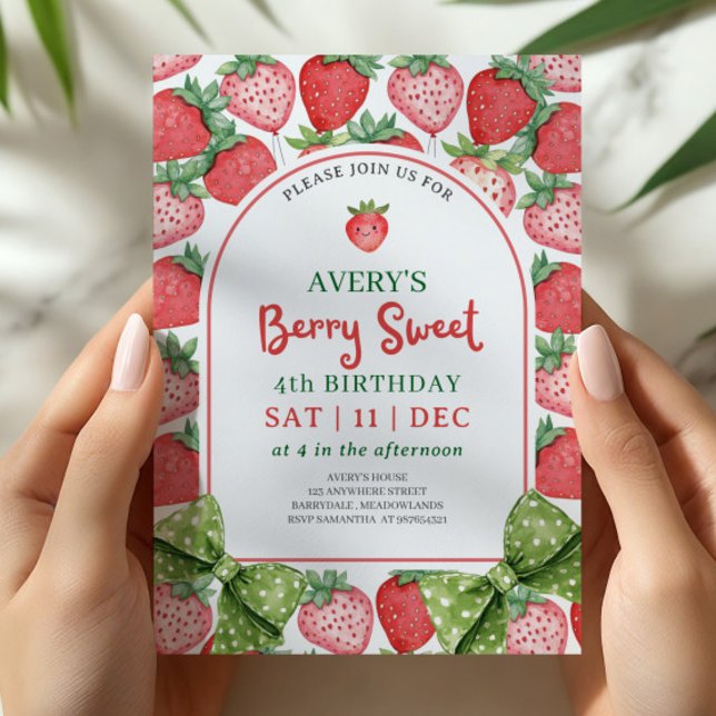 Berry Sweet 4th Birthday Strawberry Invitation (Creator Uploaded)