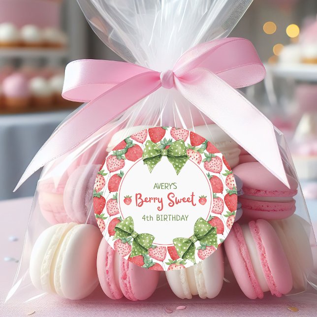 Berry Sweet 4th Birthday Strawberry Party  Classic Round Sticker (Creator Uploaded)