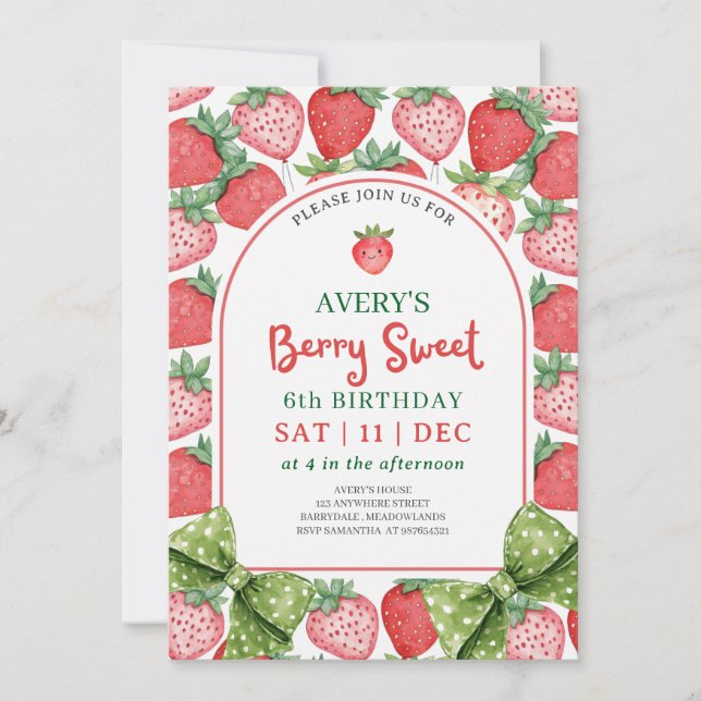 Berry Sweet 6th Birthday Strawberry Invitation (Front)