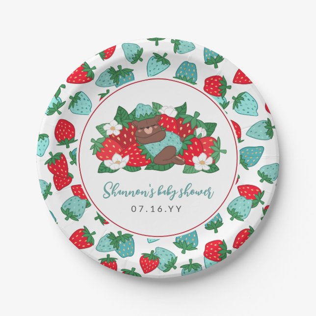 Berry Sweet Baby Blue Strawberry Boy Baby Shower Paper Plates (Front)