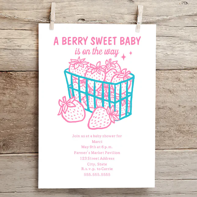 Berry Sweet Baby Doodle Pink Strawberry Girl Invitation | Zazzle