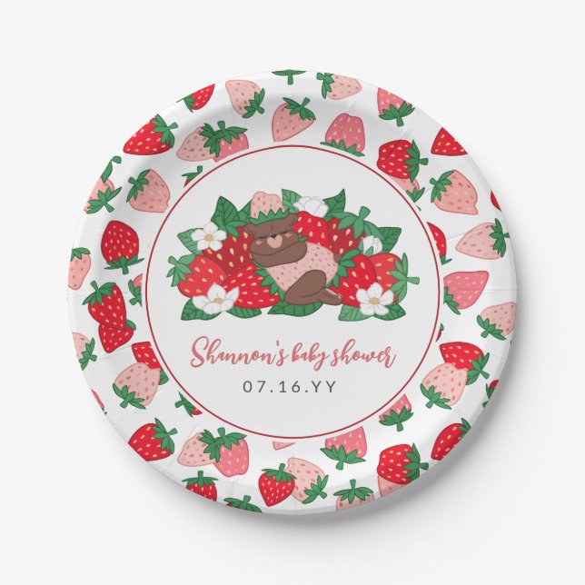 Berry Sweet Baby Pink Strawberry Girl Baby Shower Paper Plates (Front)