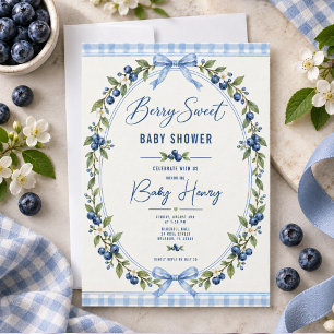 Berry Sweet baby shower Blue Gingham Blueberry Invitation
