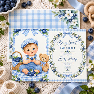 Berry Sweet baby shower Blue Gingham Blueberry Invitation