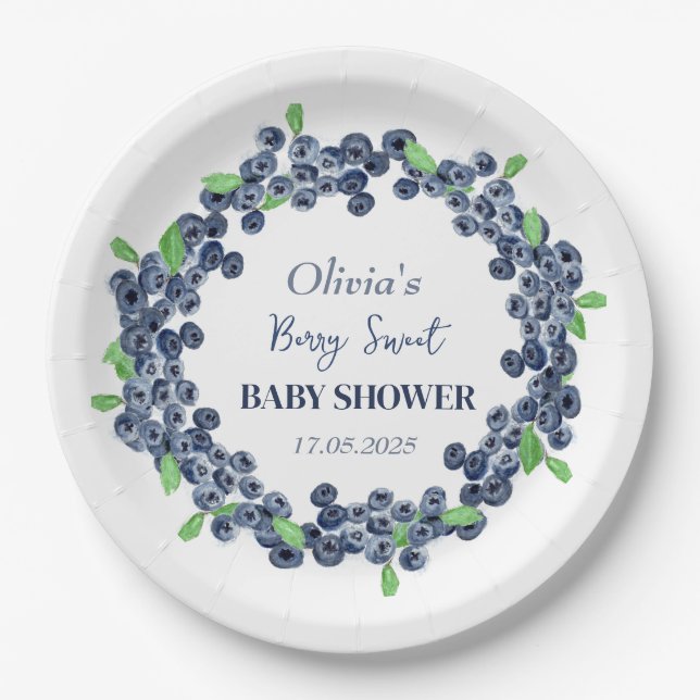 Berry Sweet Baby Shower Blueberry Baby Girl Boy Paper Plates (Front)