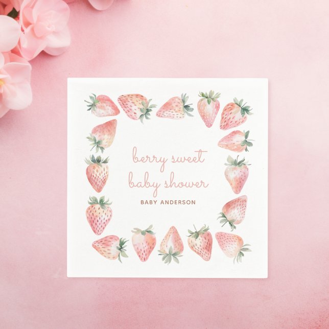 Berry Sweet Baby Shower Pink Coquette Strawberry Napkins (watercolor strawberry pink coquette berry sweet baby shower napkin design)