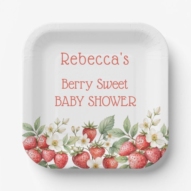 Berry Sweet Baby Shower Strawberries Blossom Paper Plates (Front)