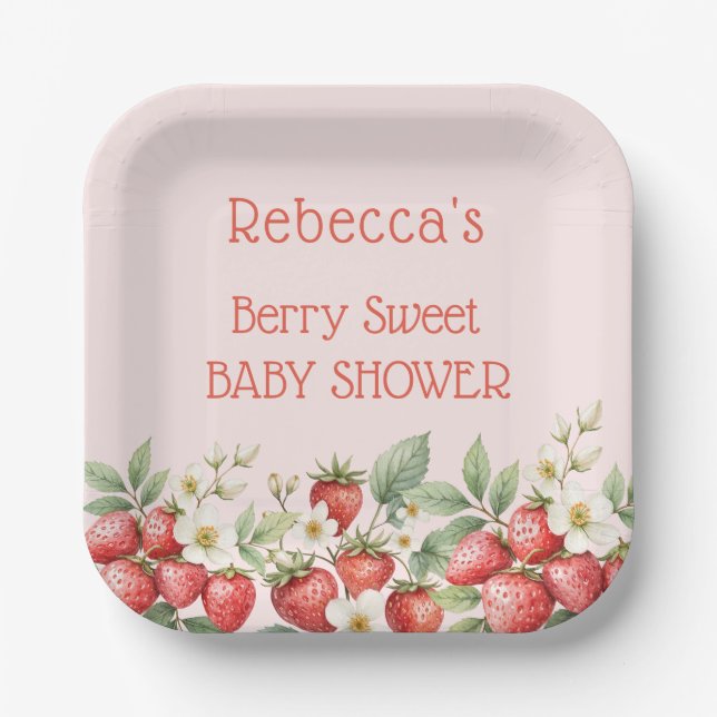 Berry Sweet Baby Shower Strawberries Blossom Paper Plates (Front)