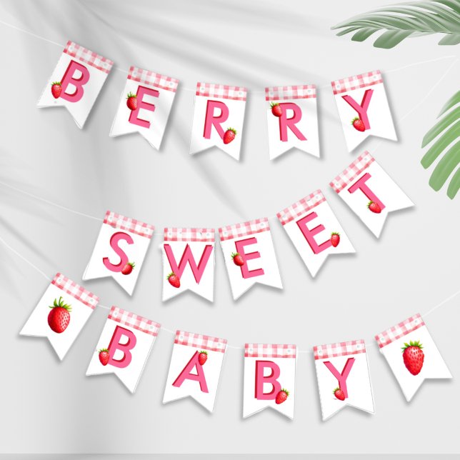 Berry Sweet Baby Shower Strawberry Gingham Pink    Bunting Flags (Berry Sweet Baby Shower New Baby bunting flag strawberry gingham pink red retro vintage picnic decor)