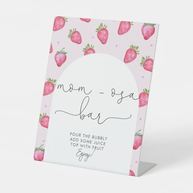 Berry Sweet Baby Shower Strawberry Mom-osa Bar Pedestal Sign (Front)