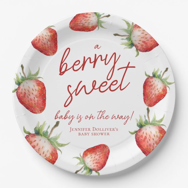 Berry Sweet Baby Shower Strawberry Paper Plates (Front)